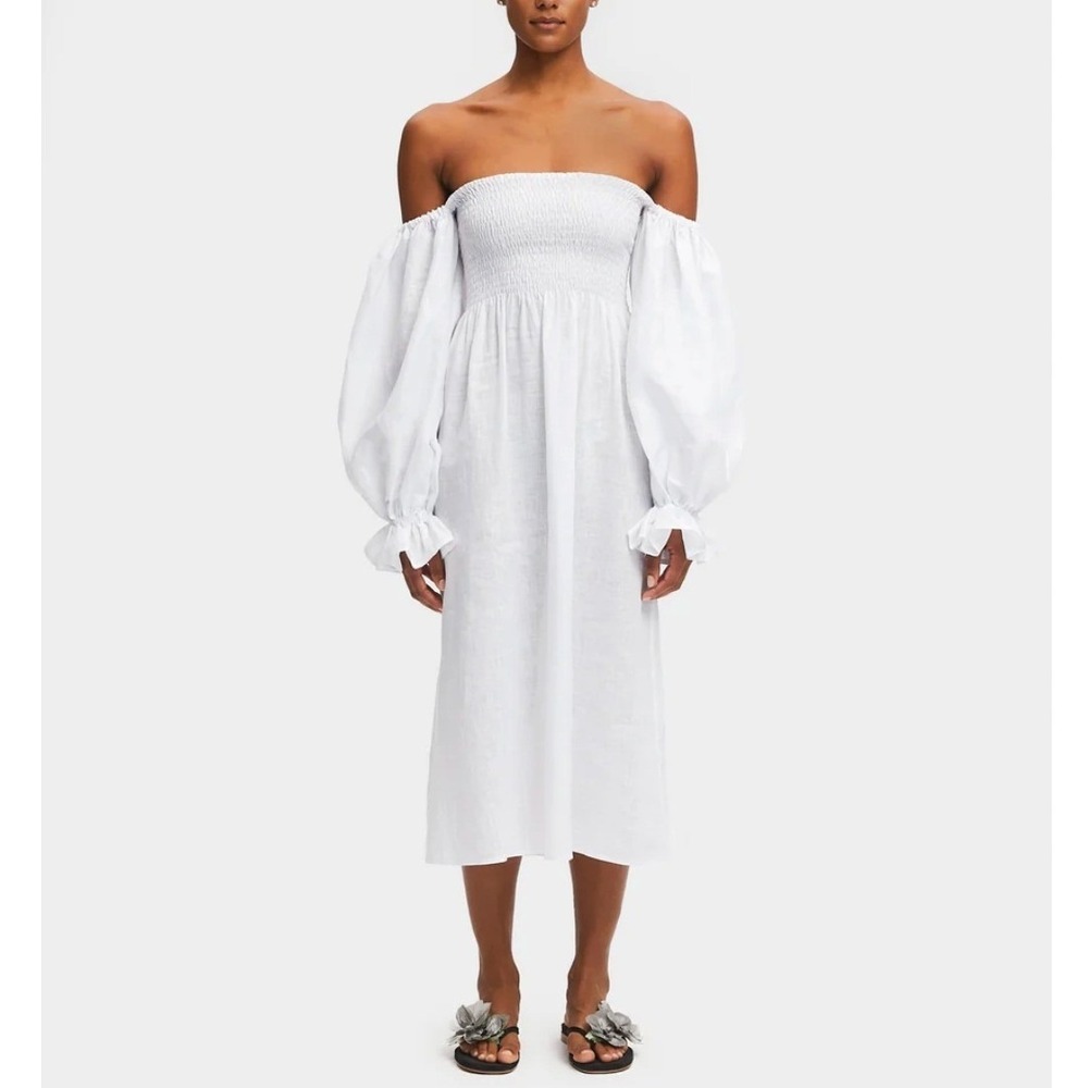 SLEEPER Atlanta Linen Puff Sleeve Midi Dress